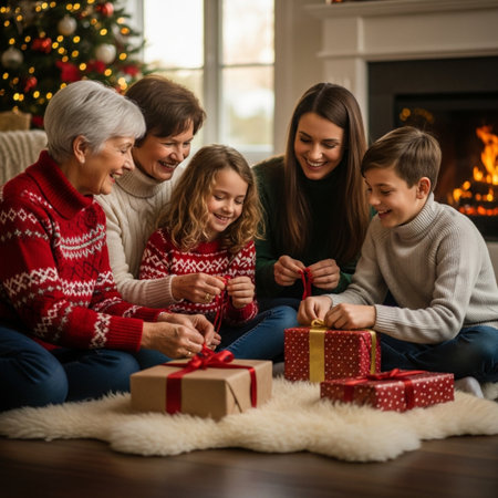 family opening christmas gifts at home in front of fireplace at winterの素材