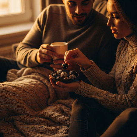 Couple in knitted sweaters sitting on the windowsill, drinking coffee and eating chocolatesの素材