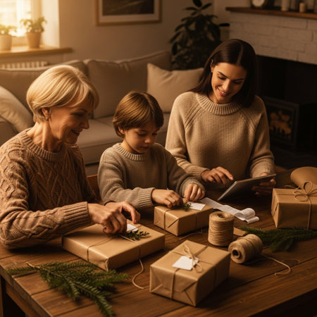 Happy family preparing for Christmas. Mother, father and child are sitting at the table with Christmas gifts.の素材