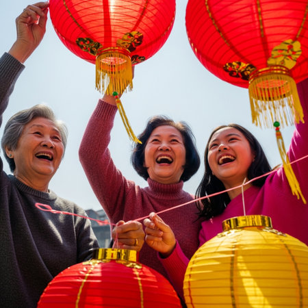 Happy asian family holding red paper lanterns in chinese new year festivalの素材