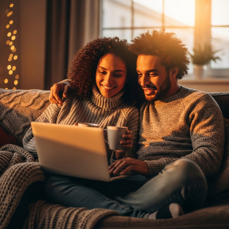 Beautiful couple is using laptop and smiling while sitting on sofa at homeの素材