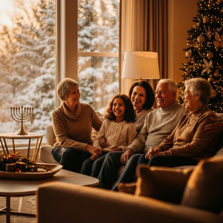 family, holidays, generation, christmas and people concept - happy family sitting on sofa at homeの素材