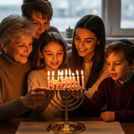 happy family with menorah during Hanukkah celebration at homeの素材