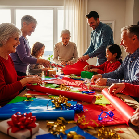 Senior people making christmas gifts in living room at home with familyの素材