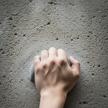 Close up of human hand reaching for something on concrete wall background.の素材