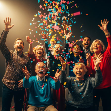 Group of happy senior people celebrating with confetti at a birthday partyの素材