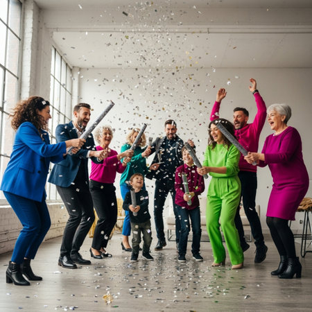 Group of senior friends dancing together in a dance studio with confetti.の素材