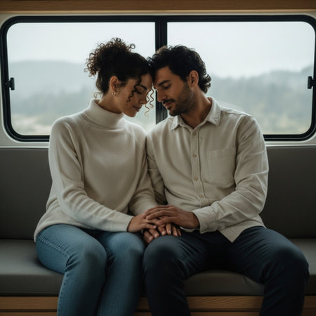 Young couple sitting on the bus and hugging. They are looking at each otherの素材