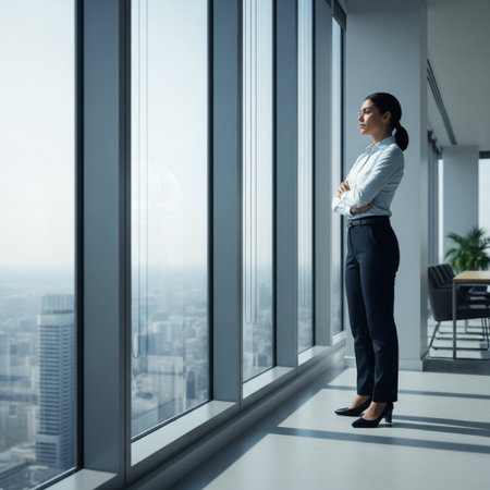 Side view of confident businesswoman standing in office with panoramic windowの素材