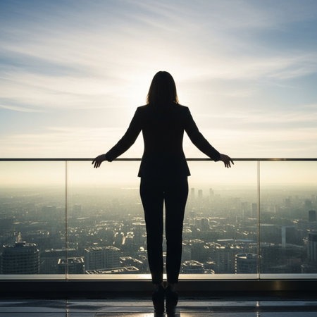 Silhouette of a young woman standing on the balcony and looking at the cityの素材