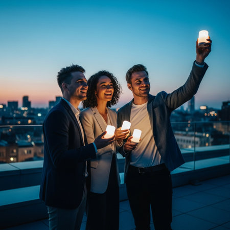 Group of business people taking a selfie with mobile phone on rooftop.の素材