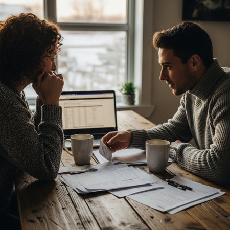 Man and woman are sitting at the table in front of the laptop and drinking coffeeの素材