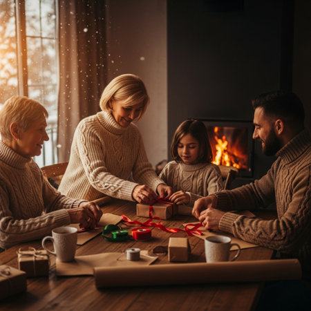 happy family wrapping christmas presents at home in front of the fireplaceの素材