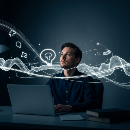 Young businessman working on laptop with abstract glowing lines and icons comming outの素材