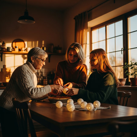 Senior couple with adult daughter sitting at the table in the kitchen.の素材
