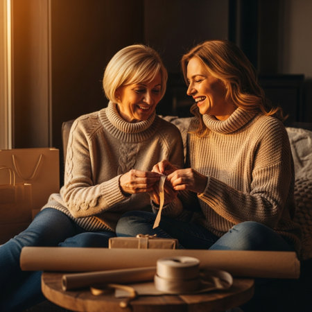 Smiling senior mother and adult daughter in sweaters sitting on sofa at home and knittingの素材