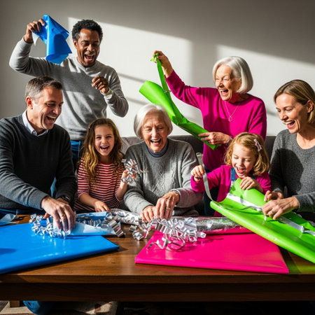Group of senior people having fun together at home. Grandmother, father, sister and granddaughter playing with Christmas decoration.の素材