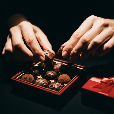 Close-up of female hands holding a box of chocolatesの素材