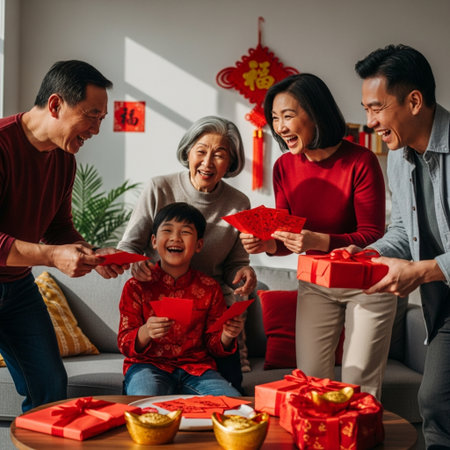 Happy asian family celebrate chinese new year with gift box.の素材