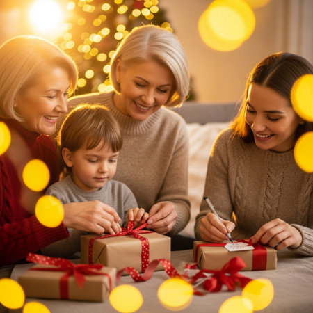 family, holidays, generation, christmas and people concept - happy mother, father and little boy opening gift boxes at homeの素材
