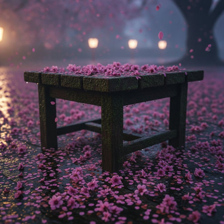 Wooden table with cherry blossom in the rain at night.の素材