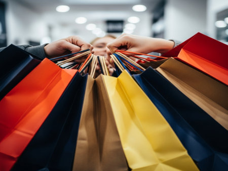 selective focus of woman holding colorful shopping bags in mall, shopping conceptの素材