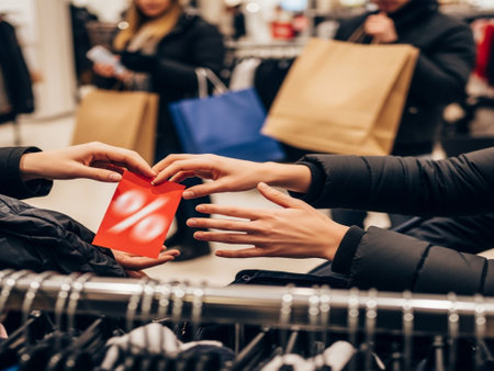 sale, consumerism and people concept - close up of women hands with shopping bags in mallの素材