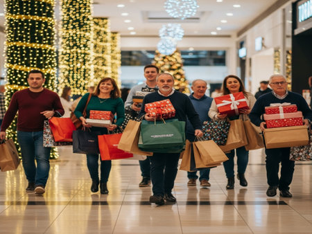 Merry Christmas and Happy Holidays. Group of senior people with shopping bags walking in mall.の素材