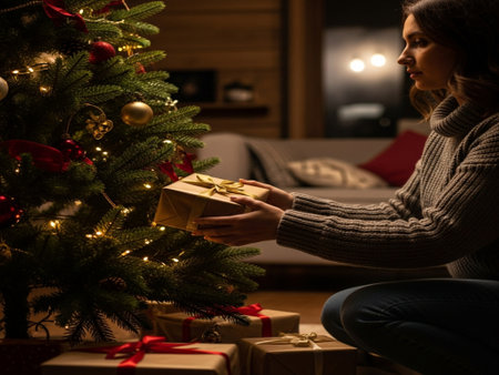 Young woman opening Christmas present near christmas tree in living room at homeの素材