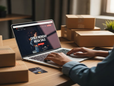 Woman using laptop for online shopping at table in office, closeupの素材