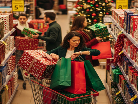Young woman shopping for Christmas gifts in a supermarket. Girl with shopping bagsの素材