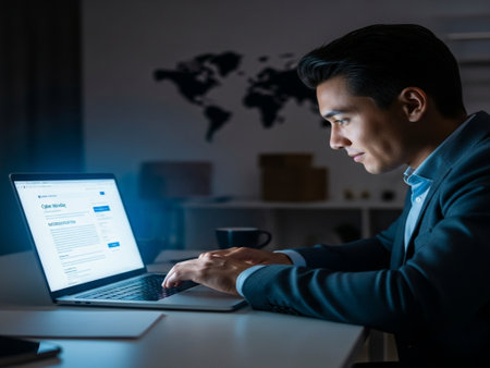Businessman working on laptop computer at night in office with world mapの素材