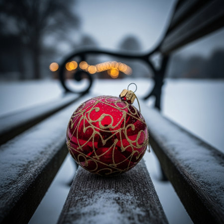 Christmas ball on a bench in the park. Christmas and New Year concept.の素材
