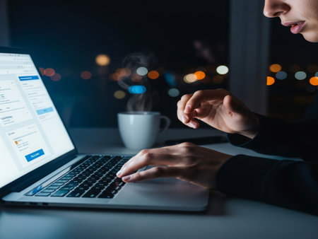 Cropped image of businesswoman working on laptop in office at nightの素材