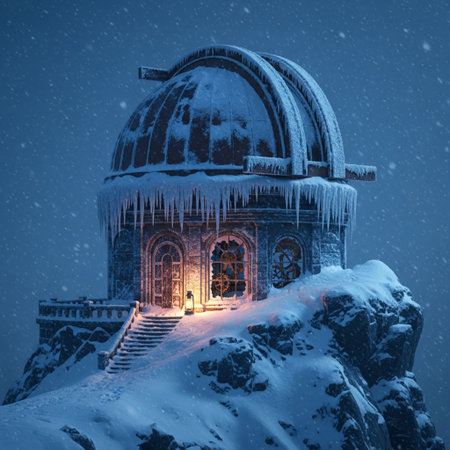 Snowy observatory with icicles and lantern on top of the mountainの素材