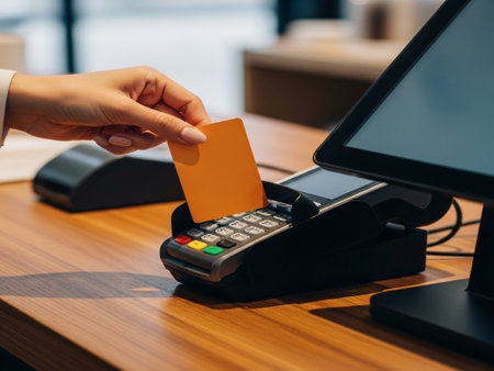 cropped shot of woman paying with credit card at modern bank officeの素材