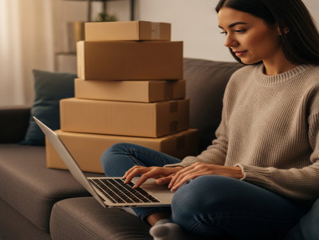 Attractive young woman using laptop while sitting on sofa with cardboard boxes at homeの素材