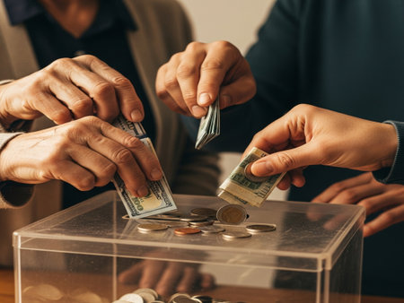 Close up of human hands putting money into a piggy bank.の素材