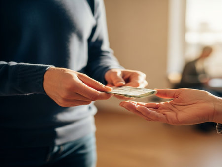 Close-up of man giving money to woman in office. Focus on handsの素材