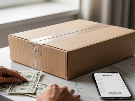 Close up of female hands holding a cardboard box with money and using smartphoneの素材