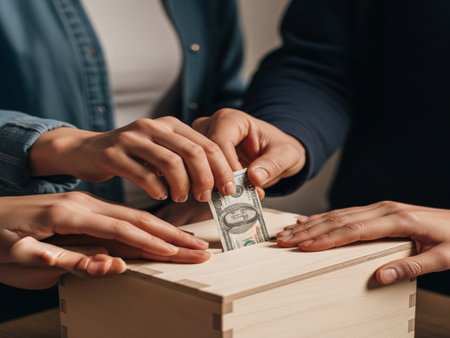 cropped shot of woman putting dollar banknote in wooden box at homeの素材