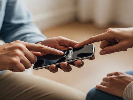 Cropped image of young couple using mobile phone together while sitting at homeの素材