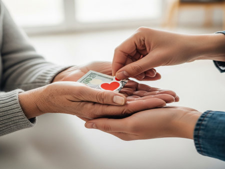 cropped shot of woman giving heart shape to senior father at homeの素材