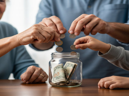 Close-up of family hands putting money into glass jar. Focus on handsの素材