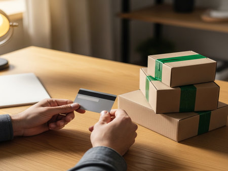 Close up of female hands holding credit card and using laptop computer for online shopping. Online shopping conceptの素材