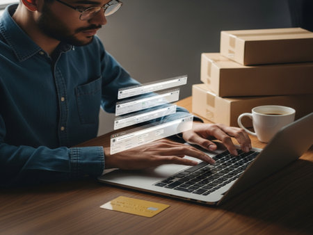Businessman using laptop for online shopping. Close up of male hands typing on laptop keyboard.の素材