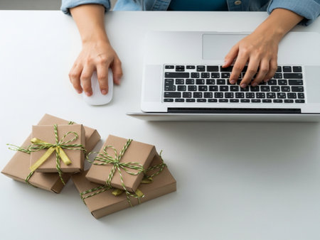 Cropped image of woman using laptop with gift boxes on table at homeの素材
