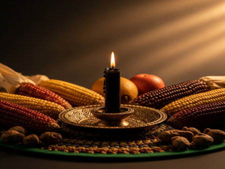 Indian Festival Dussehra, showing golden diya (oil lamp) and colorful fruitsの素材