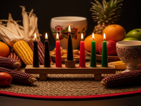 Close up of a wooden candlestick with burning candles and fruitsの素材
