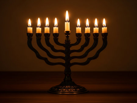 Religion image of jewish holiday Hanukkah with menorah (traditional candelabra) and candlesの素材